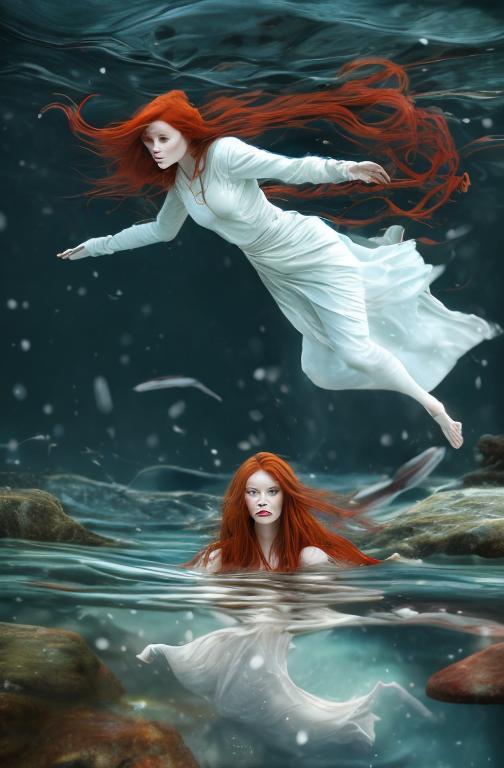 Prompt: red haired woman floating in arctic waters fantasy fully clothed