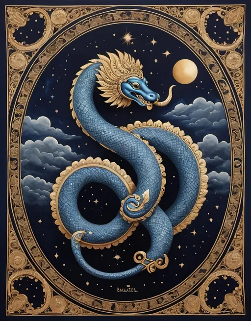 Prompt: " Kal Sarp Yoga: Unveiling the Cosmic Curse" to be on top 

**Visual Elements**:
- **Central Image**: A mythological representation of a serpent (naga) encircling a celestial figure or planet, depicted with multiple heads to symbolize its power.
- **Background**: A cosmic scene with dark, swirling clouds and celestial bodies, emphasizing the mystic and celestial nature of the yoga.
- **Color Scheme**: Deep blues and blacks for the cosmic background, with gold and silver highlights for the serpent and celestial elements to create contrast and a sense of divinity.

**Text Elements**:
- **Title Placement**: Bold and ornate at the top or center, adorned with traditional Indian patterns or motifs.
- **Subtext**: "Exploring the Influence of Serpent Energy in Vedic Astrology" placed beneath the title in a smaller, elegant font.
- **Border**: Intricate Indian designs or motifs, such as paisleys or mandalas, framing the cover page.
"Rajeev Raman " Positioned at the bottom in a classic and legible font.