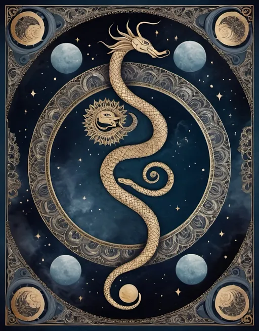 Prompt: " Kal Sarp Yoga: Unveiling the Cosmic Curse" to be on top 

**Visual Elements**:
- **Central Image**: A mythological representation of a serpent (naga) encircling a celestial figure or planet, depicted with multiple heads to symbolize its power.
- **Background**: A cosmic scene with dark, swirling clouds and celestial bodies, emphasizing the mystic and celestial nature of the yoga.
- **Color Scheme**: Deep blues and blacks for the cosmic background, with gold and silver highlights for the serpent and celestial elements to create contrast and a sense of divinity.
Create it as per indian mythology of astrology and kundli 
**Text Elements**:
- **Title Placement**: Bold and ornate at the top or center, adorned with traditional Indian patterns or motifs.
- **Subtext**: "Exploring the Influence of Serpent Energy in Vedic Astrology" placed beneath the title in a smaller, elegant font.
- **Border**: Intricate Indian designs or motifs, such as paisleys or mandalas, framing the cover page.
"Rajeev Raman " Positioned at the bottom in a classic and legible font.