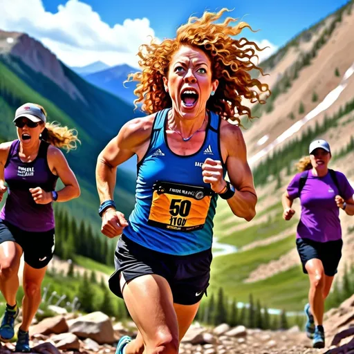 Prompt: Michelle Wolf running the Hardrock 100, digital art, rugged mountain terrain, determined expression, diverse audience cheering, high energy, comedic vibe, vibrant colors, dynamic lighting, 4k resolution, detailed illustration, professional, dynamic, energetic, vibrant colors, dynamic lighting, detailed expression, humorous atmosphere