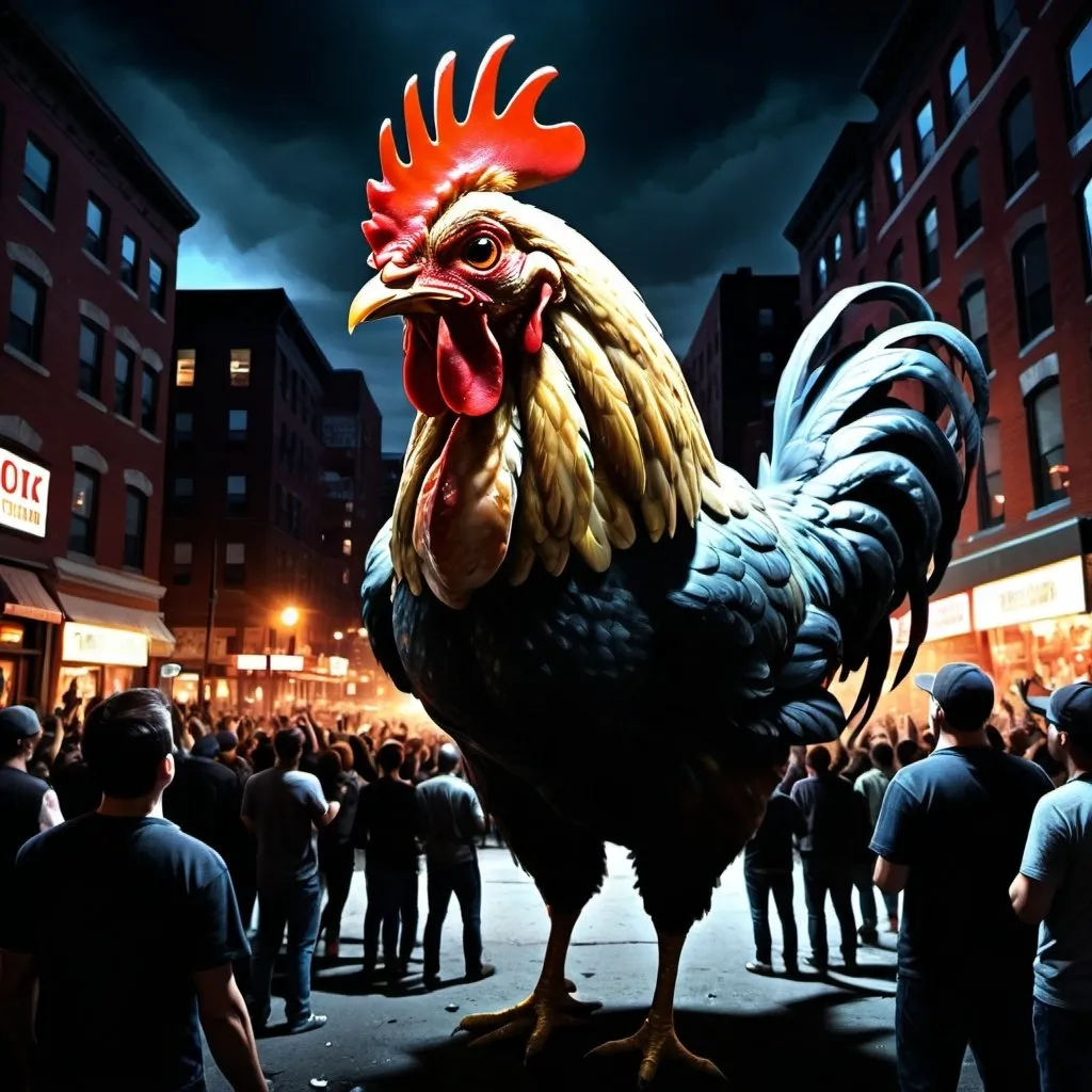 Prompt: A giant chicken in Hoboken, NJ, digital art, bemused expression, diverse audience cheering, dark energy, horror vibe, dark colors, dramatic lighting, 4k resolution, detailed illustration, professional, dramatic, scary, dark colors, detailed expression, humorous atmosphere