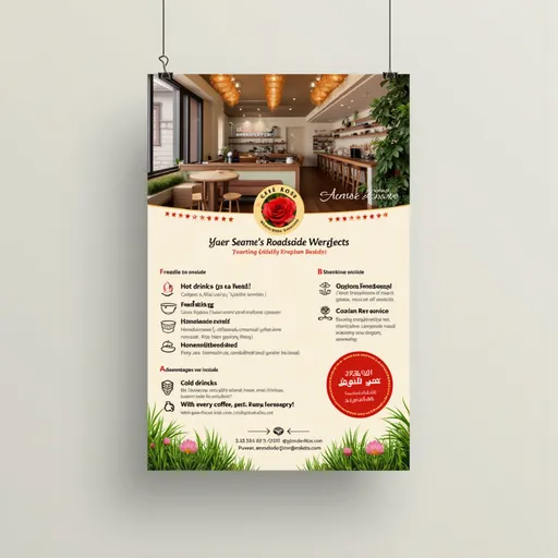 Prompt: Design a vertical A6 flyer (10×15 cm) for a roadside café called “Café Rose”, targeting local drivers, workers, and shopkeepers.

✅ Design style: Minimal, cheerful, and easy-to-read layout with real-food imagery.

✅ Color palette: Grassy green for background or borders, wooden brown for accents, and soft pink to match the rose theme.

✅ Main Persian text to include:

Headline: "☕ کافه رز؛ توقف خوشمزه تو مسیر!"
Subheadline: "استراحت کن، انرژی بگیر، راه بیفت!"
✅ Menu section with matching icons:

Hot drinks (☕ Coffee)
Quick breakfast (🍳 Fried egg, traditional cheese)
Homemade meals (🥘 Rice & meat, herb frittata)
Cold drinks (🍹 Lemonade, Mojito)
✅ Advantages to highlight:

Fast service
Cozy rest space with wooden chairs, artificial grass, and rose flowerpots
Morning offer: Free tea with any breakfast
✅ Special offer in bold red:

“With every coffee, get a free pastry!”
✅ Additional info (in Persian):

Address: کرسگان، کنارگذر جنوبی، ۱۰۰ متر بعد از بانک ملت به سمت فلاورجان
Opening hours: 7 AM to 7 PM
Instagram: @rosecoffeeshap
✅ Design elements:

Use legible Persian fonts (e.g., Lalezar or Bizan)
Include a realistic image (or placeholder) of the café exterior in one corner
Add vector leaf/grass borders for a natural feel