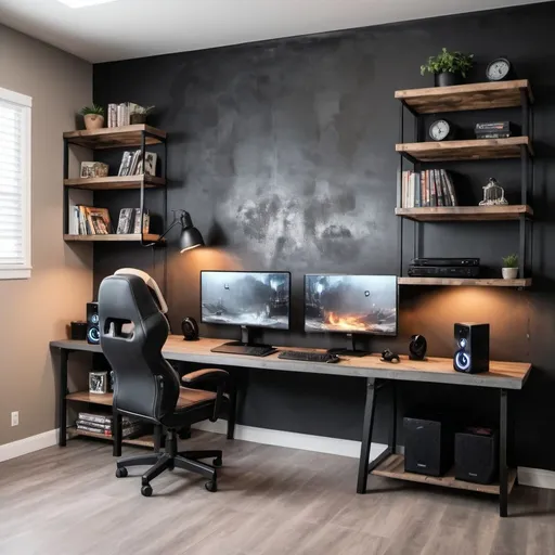 Prompt: gamer room, with burnt cement color on the wall and a large wooden table with black legs, two monitors on the table, a white clock on the wall and one white lamp on the table and two black book shelves