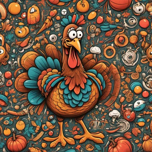 Prompt: Doodle or cartoon (incorporating the structure of the molecule tryptophan), whimsical and playful style, inspired by Looney Tunes, vintage paperback book covers, and traditional American tattoo art, saturated colors, bold lines, humorous turkey representation, old-school charm, quirky and nostalgic vibes, ideal for fall themes, 4K ultra-detailed rendering.