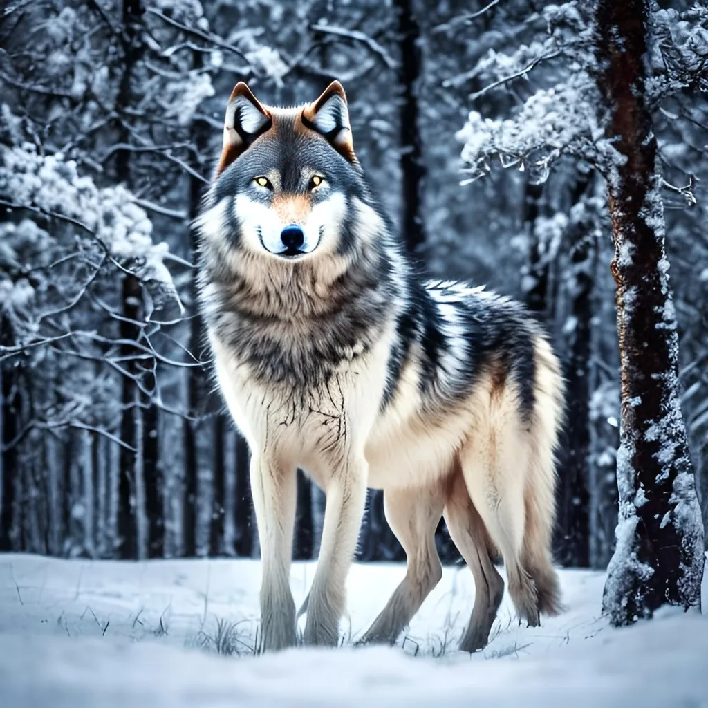 Prompt: Majestic wolf in a snowy forest with huge trees