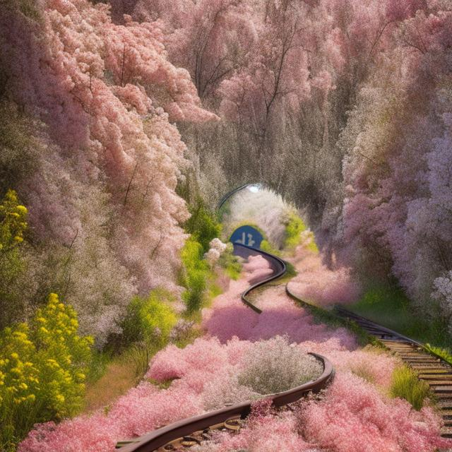 Prompt: Abandoned train tracks covered by a tunnel of flowering trees