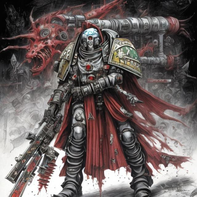 Prompt: A Skitarii From Warhammer 40k in Junji Itos  art style