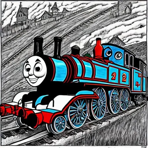 Prompt: Thomas the Tank Engine Drawn in Junji Ito's art style
 