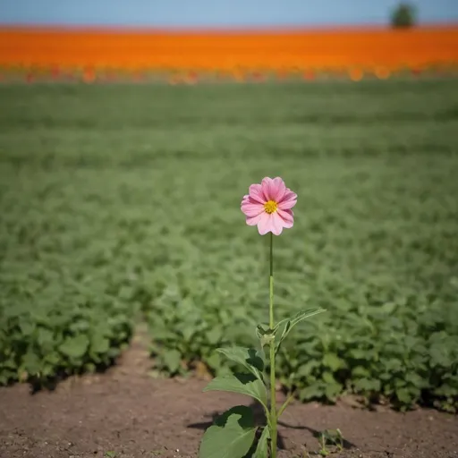 Prompt: A single flower blooming in the shade stares at a distant flower field.