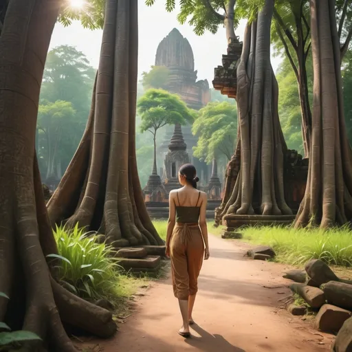 Prompt: (realism style), warm color scheme, a journey through the lush mountainous forest of Sukhothai, peaceful atmosphere, vibrant greenery, soft sunlight filtering through the trees, subtle textures of foliage, serene expression on a young woman, naturalistic details, intricate landscape, beautifully crafted scenery, capturing the essence of adventure in nature, high quality, 4K, ultra-detailed imagery.