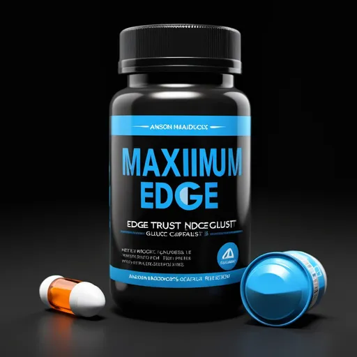 Prompt: a bottle of maximum edge gluctrust capsules on a black background with a blue cap, Anson Maddocks, private press, hourglass slim figure, a 3D render