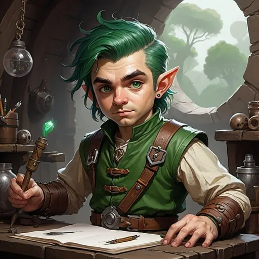 Prompt: dungeons and dragons fantasy art halfling male artificer with dark green hair workshop tinkerer