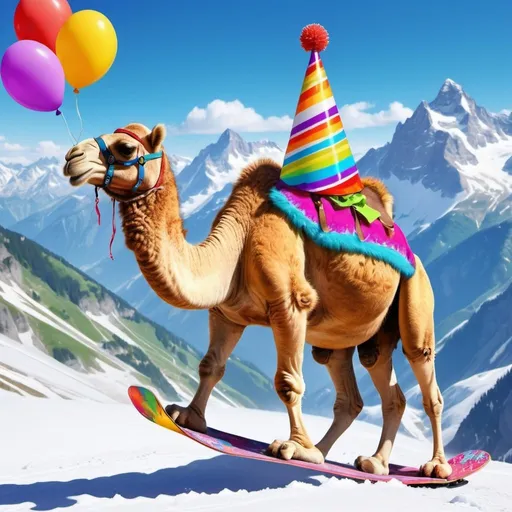 Prompt: Camel snowboarding in the summer Alps, happy birthday celebration, vibrant and joyful, high quality, digital art, snowy mountain slopes, lively camel wearing a party hat, colorful balloons trailing behind, sunny alpine setting, cool and refreshing atmosphere, cheerful and vibrant, summer snowboarding, festive celebration, detailed fur, professional rendering, bright and sunny lighting