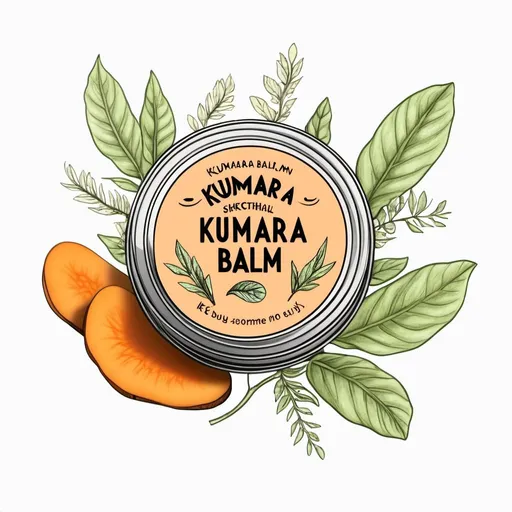 Prompt: natural balm sketch, with the words kumara balm on it, make it look natural and soothing, make some one want to buy it
