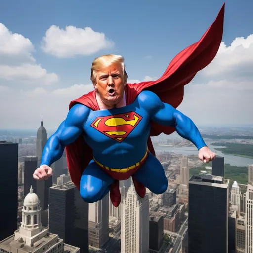 Prompt: Donald Trump, as Superman, flying majestically over the city.