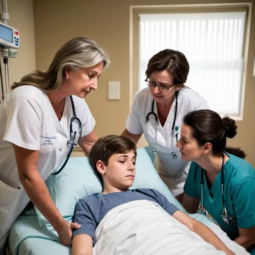 Prompt: picture of a 13 year old boy in the hospidal bed with his mom a nurse and a doctor around him and they are finding out he has anmesia

