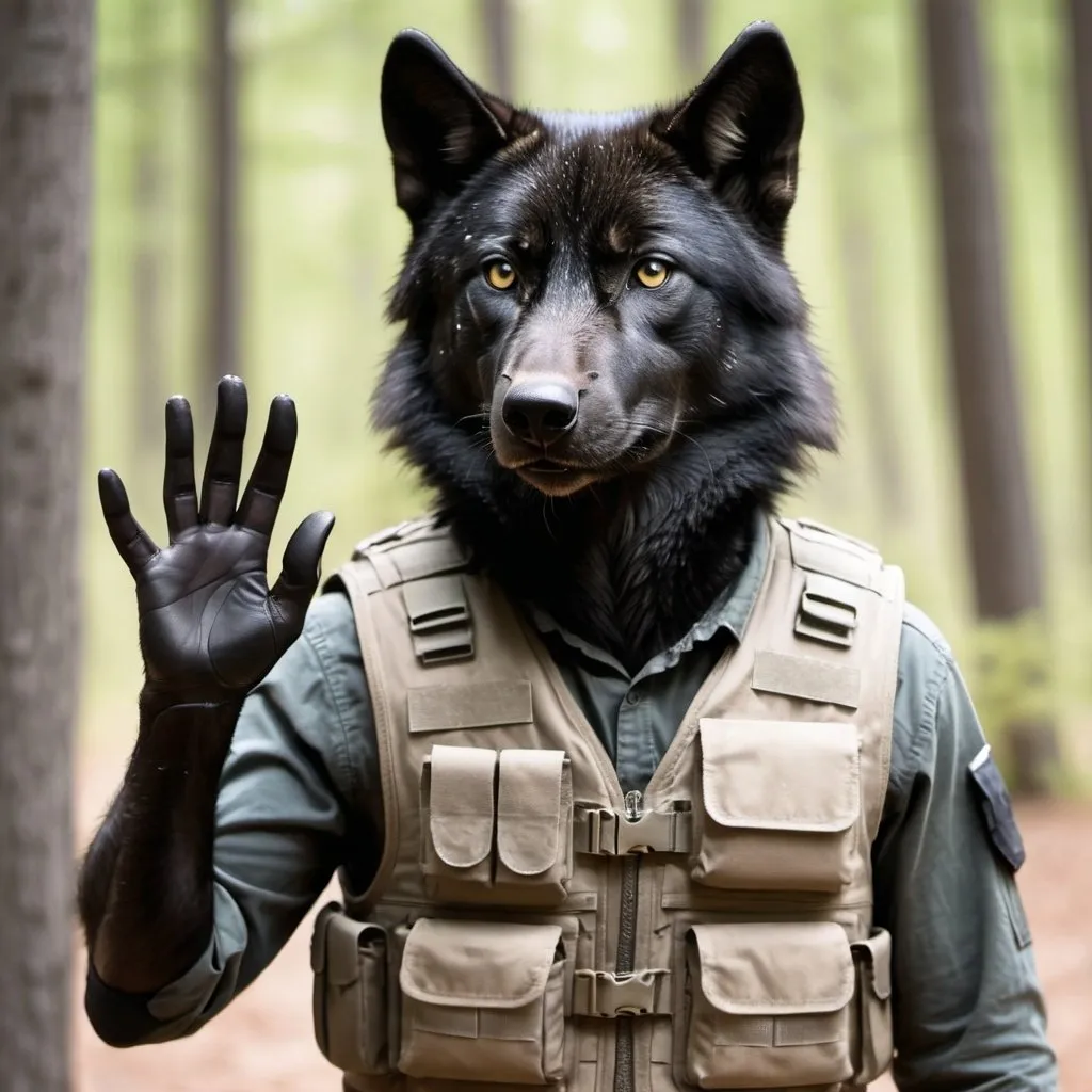 Prompt: Create a picture of a black wolf wearing a tactical vest holding his hand up to stop the cameraman from taking his picture.