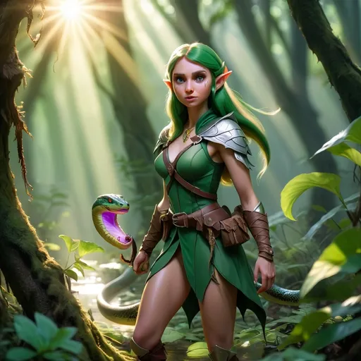 Prompt: Elf ranger in a mystical forest around sunlight, met a horrible anaconda trying to capture her