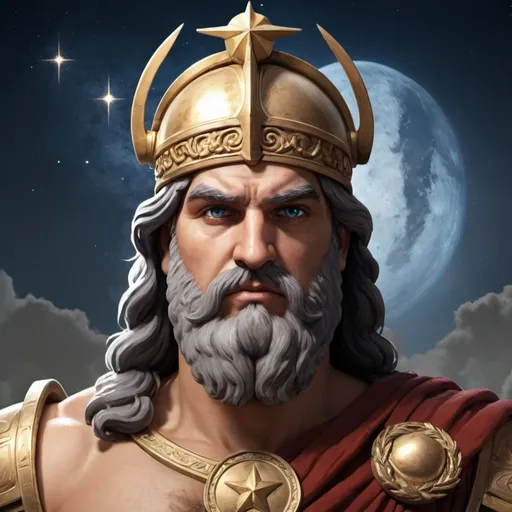 Prompt: Profile pic for online game. War strategy game using images with Greek mythology involving the stars. Must include 65M and words "Malone labe"