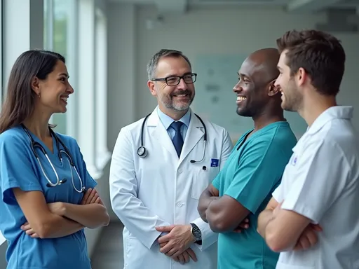 Prompt: Healthcare and doctor resentative team stand bank Road