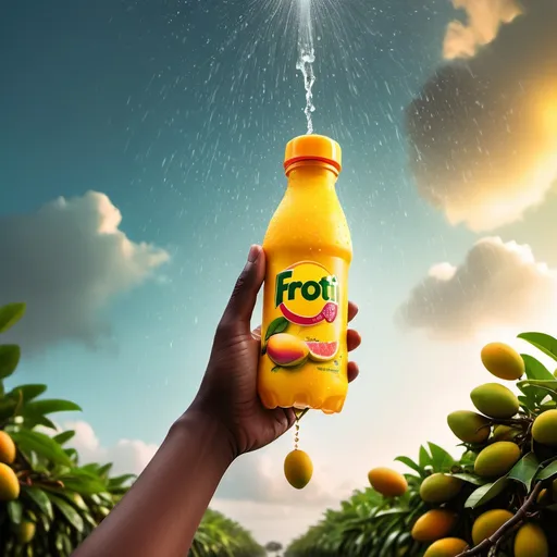 Prompt: A person holding a Frooti bottle under a sky raining tiny mangoes, as if every sip brings a shower of freshness.
Soft, dreamy lighting with a magical touch.