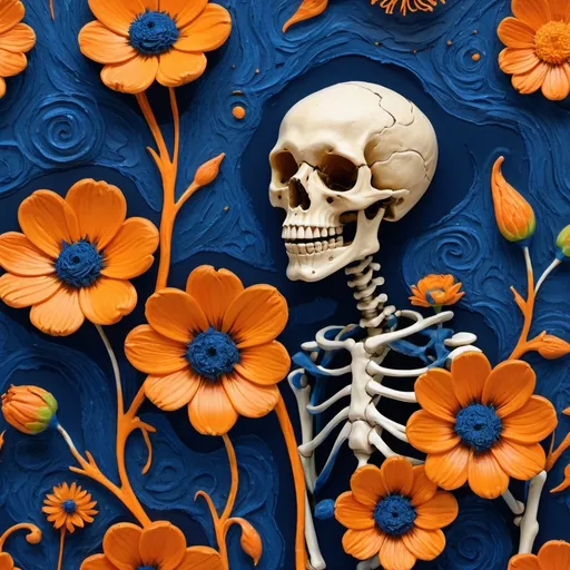 Prompt: Skeleton flowers orange blue van goff