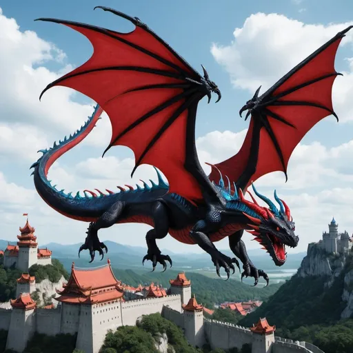 Prompt: A black,and red blue dragon flying over a kingdom