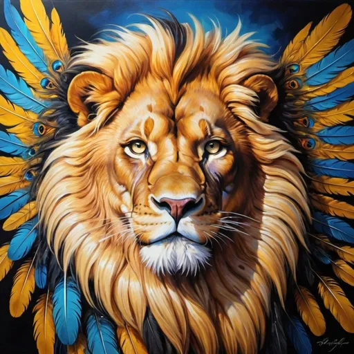 Prompt: Majestic hybrid creature, half-eagle half-lion, oil painting, regal mane and feathers, piercing golden eyes, powerful and elegant wings, vibrant color palette, high quality, detailed brushwork, mythical fusion, royal, oil painting, majestic, vibrant colors, regal mane, powerful wings, detailed feathers, high quality, mythical creature, elegant, piercing eyes, flying through the sky