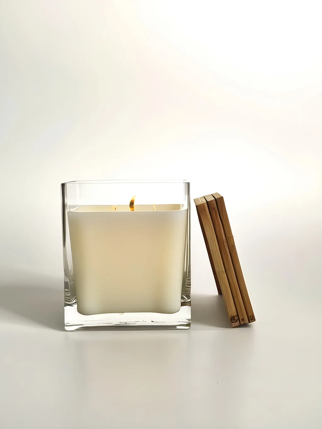 Prompt: four wicks squared candle, without flame, white/beige wax, bamboo lid on the right side