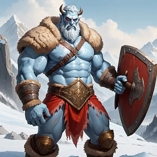 Prompt: giant holding an axe made of frost steel,fur clothes,mountain background,light blue skin,white eyes,holding a shield on his hand,red paint on his face,gold bracers,