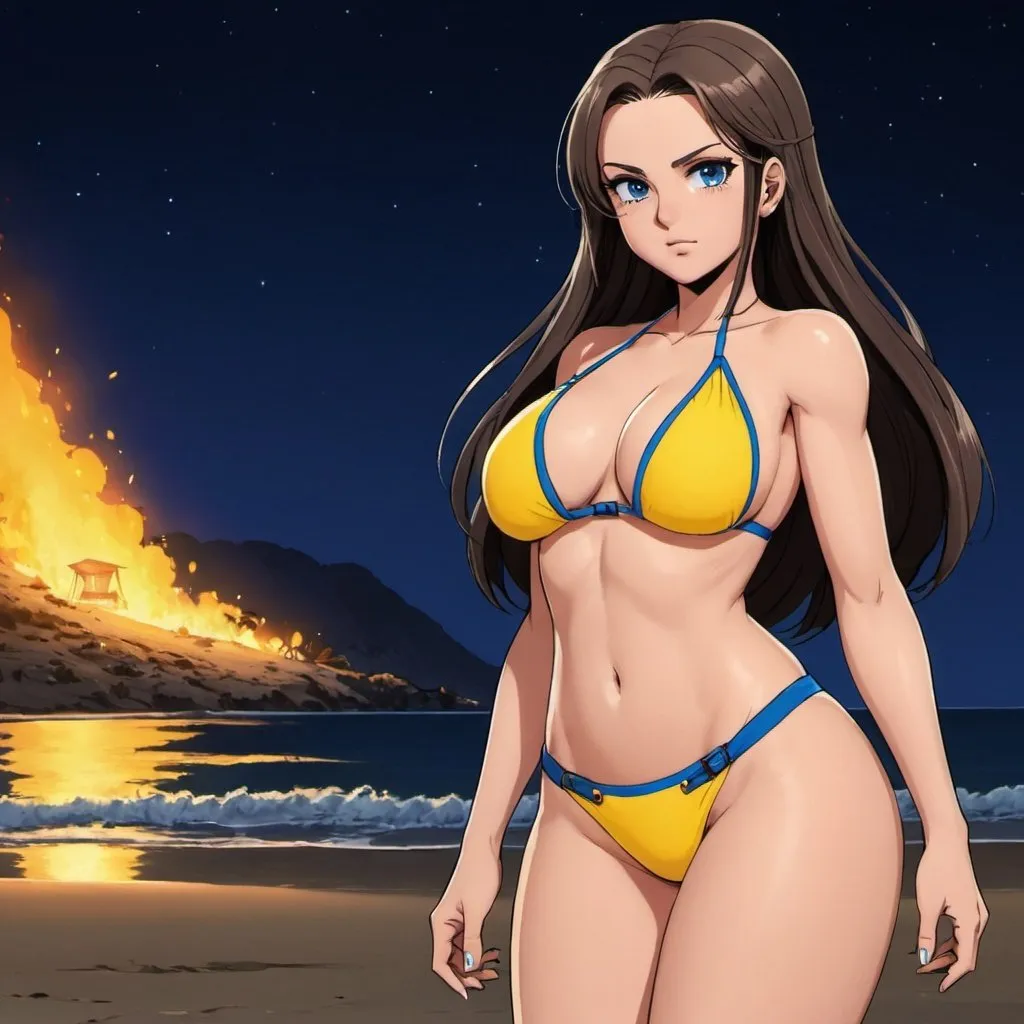 Prompt: young,thot,gorgeous,gros seins,gros cul,yellow swim wear,on the beach,nighttime,firecamp,brunette,long hair,jojo's bizzare adventure style,blue eyes