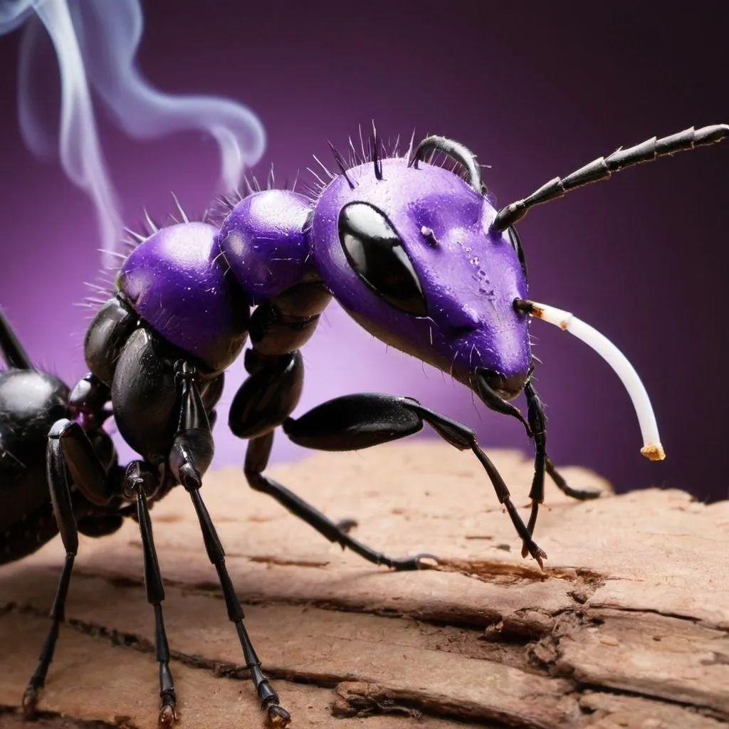 Prompt: Ant,purple,black  hair,smoking,spikes on back