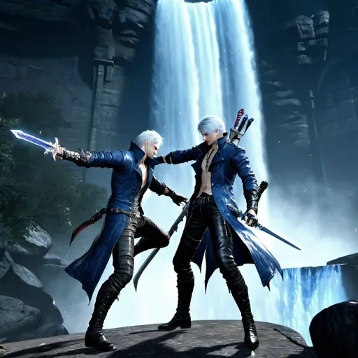 Prompt: god from bible fighting Vergil from devil may cry 5 in a sword fight during nighttime on a bridge next to a waterfall