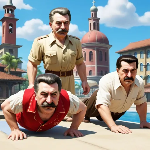 Prompt: stalin and jesus doing some push-ups,wii sports resort city background,daytime