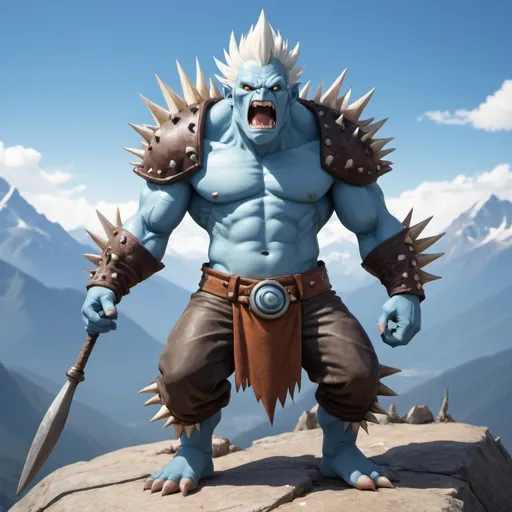 Prompt: giant,one white eye,two huge tooth,light blue skin,fuur pants,spiky mace,mountain background,nicknamed Jarnvista