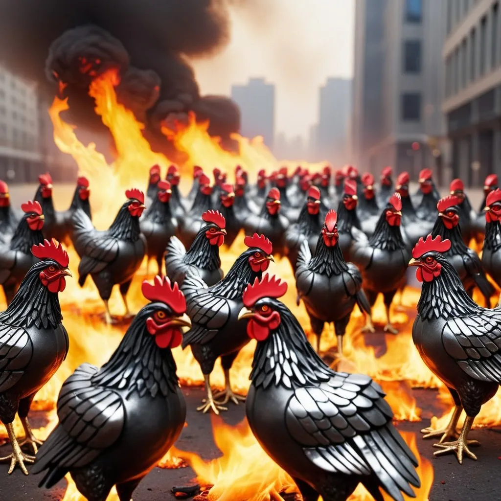 Prompt: an army of chicken made out of steel on fire,red eyes,city background