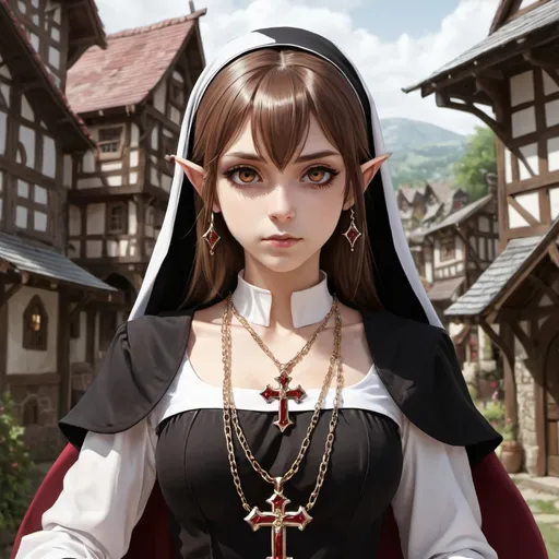 Prompt: nun,elf,female,black and white dress,brown hair,brown eyes,anime style,gorgeous,young,chains with golden cross and ruby ornements,elves village background