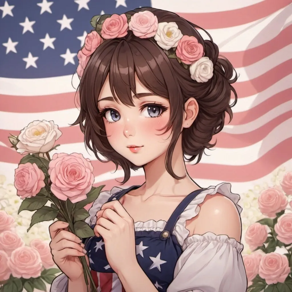 Prompt: Blush,young lady,brunette,flowers on hair,american flag in hand,anime style