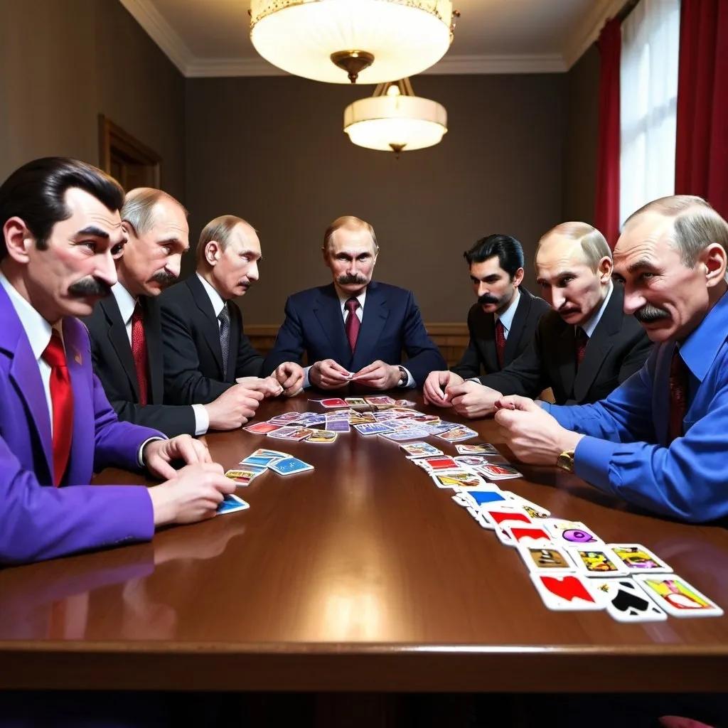 Prompt: jesus,stalin,putin,waluigi,jojo's bizzare adventure,playing UNO