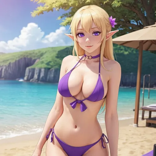 Prompt: Anime style,elf,swimwear,gorgeous,young,blonde,purple eyes,gros seins,sunny day,gros cul,full body,pas de haut