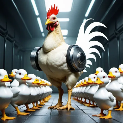 Prompt: a cybernetic chicken going to war against cybernetic ducks