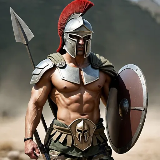 Prompt: spartan soldier,spear,shield,helmet,bulletproof jacket,camo trousers