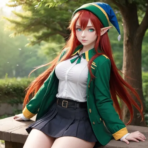 Prompt: bowman,elf,female,red hair,long hair,gorgeous,green hat with a feather,young,thot,blue eyes,skirt,jacket,anime style,gros seins,gros cul