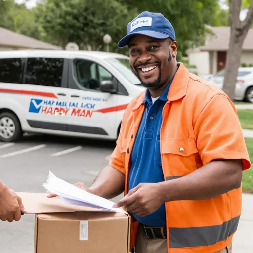 Prompt: happy mail man providing a service