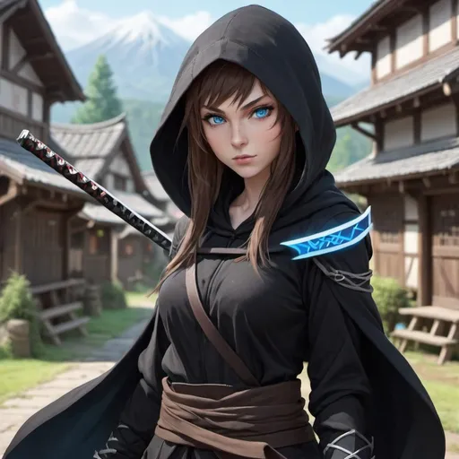 Prompt: ninja,elf,female,brown hair,blue eyes,black suit,hood,anime style,katanas in hand,elves village background,gorgeous,young,