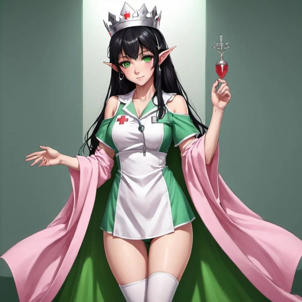 Prompt: nurse,elf,female,black hair,silver crown,pink robe,green eyes,anime style,full body