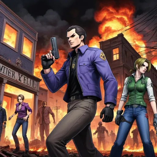 Prompt: jojo's bizzare adventure style,resident evil the game,mister X,crushing zombies,town on fire background