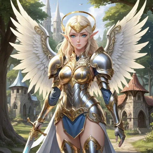 Prompt: angel,elf,female,bonde hair,silver helmet with gold wings ,gold armour with silver ornements,celest sword,blue eyes,anime style,full body,elves village background,