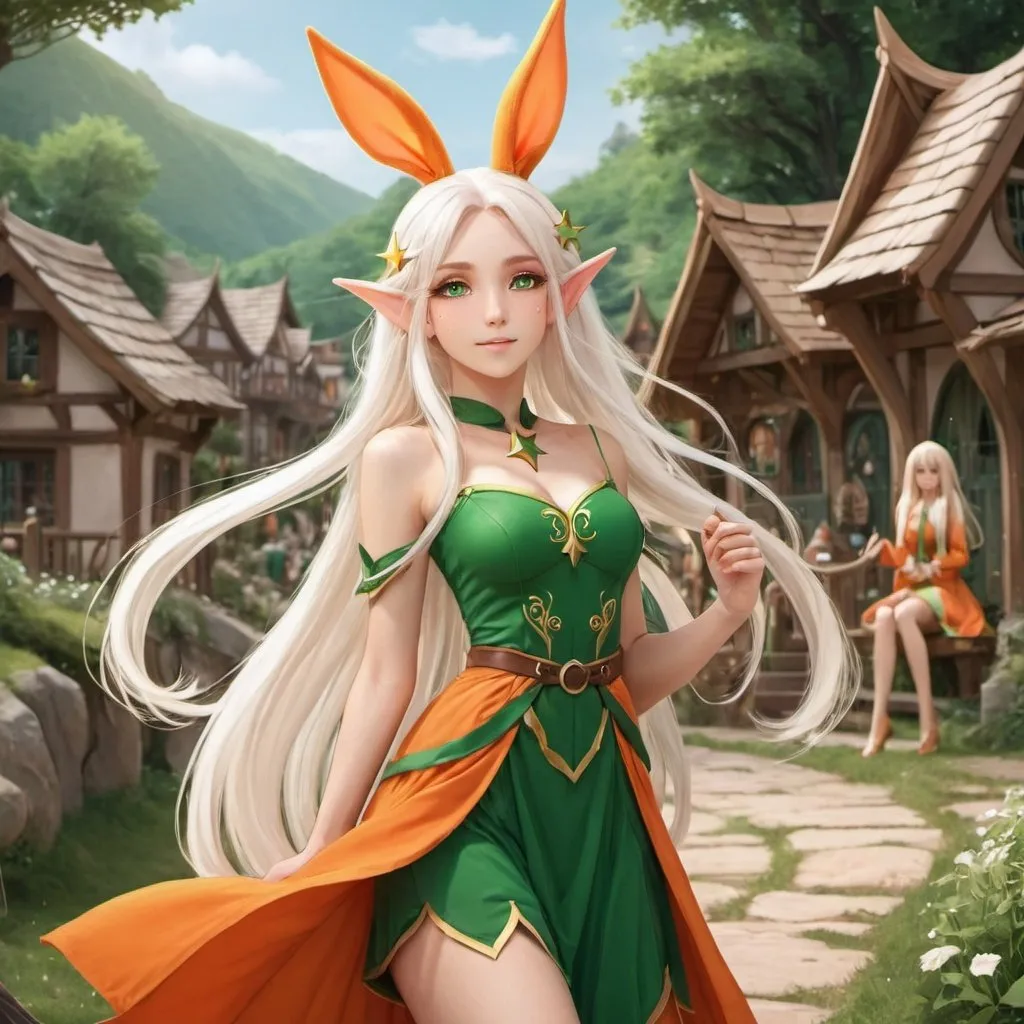 Prompt: elf,female,gorgeous,young,anime style,elves village background,white long hair,green eyes,orange and green dress,staff with golden star and emerald at the end,bunny ears,