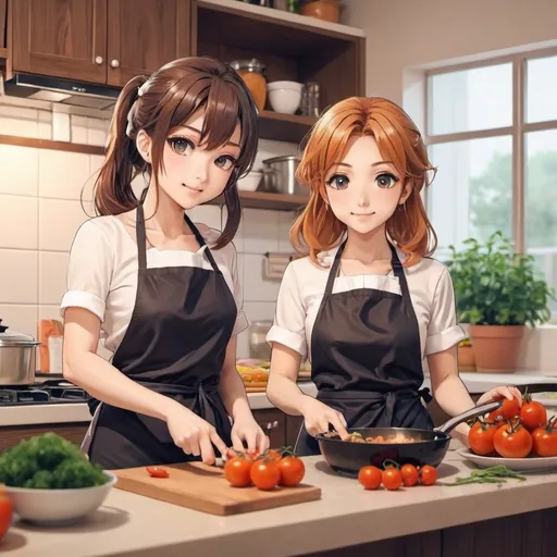 Prompt: Two gorgeous women cooking,kitchen background,anime style